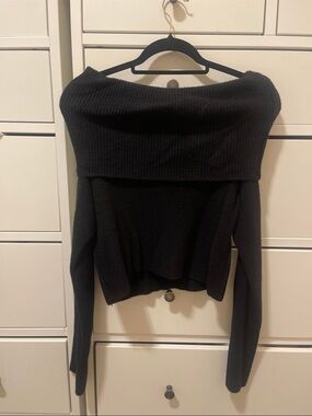 Marled Black Off-the-Shoulder Ribbed Sweater